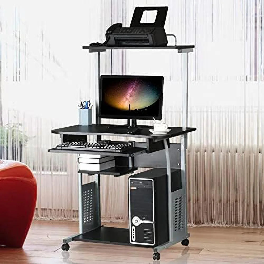 Black 3 Tier Computer Desk with Printer Shelf and Keyboard Tray I78109