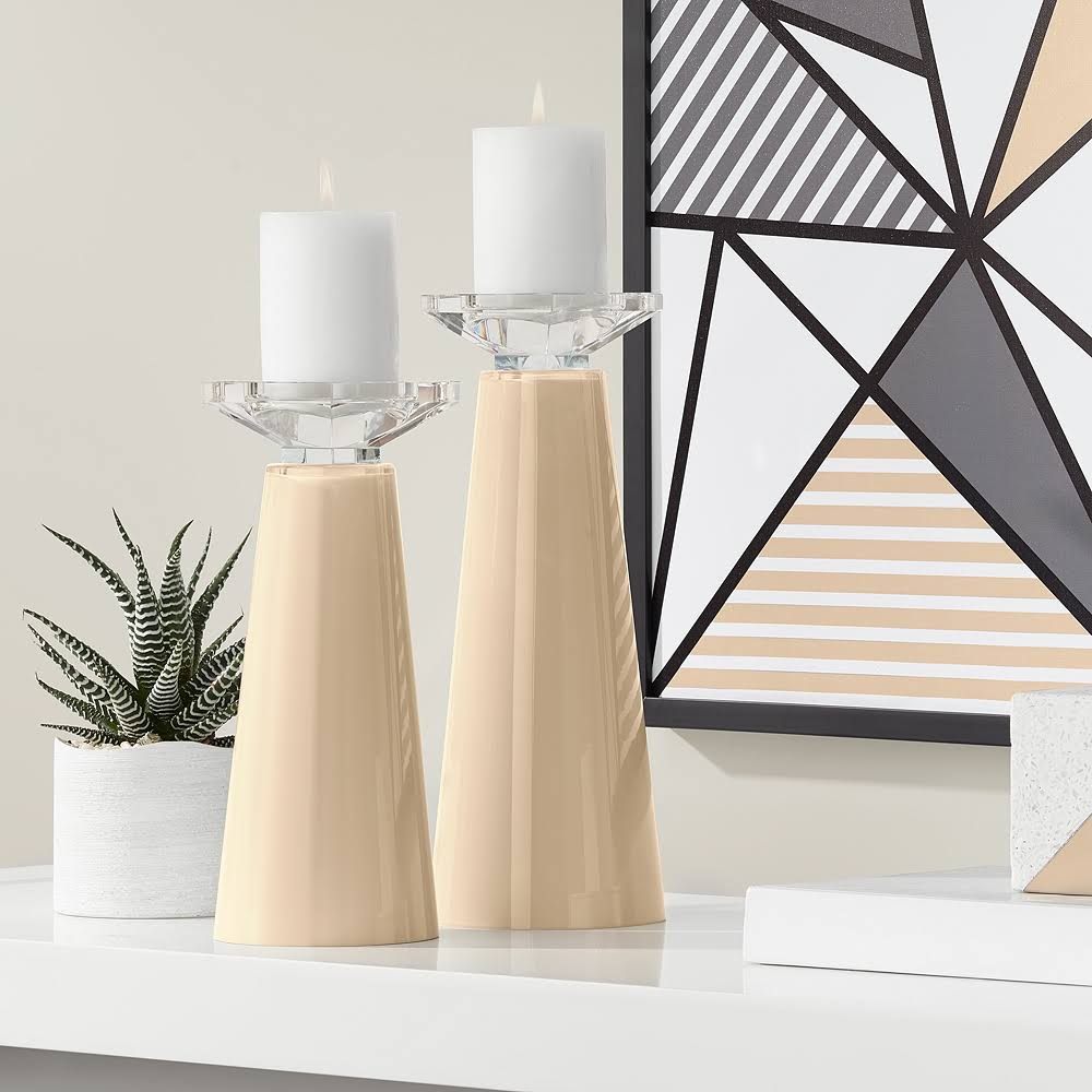Tan Glass Pillar Candle Holders Set of 2 I255