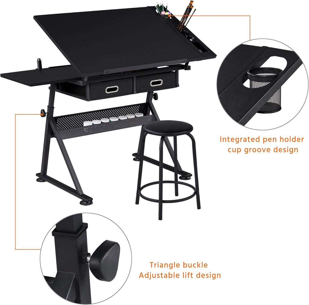 Height Adjustable Drafting Desk with Tiltable Tabletop and 2 Storage Drawers W2731