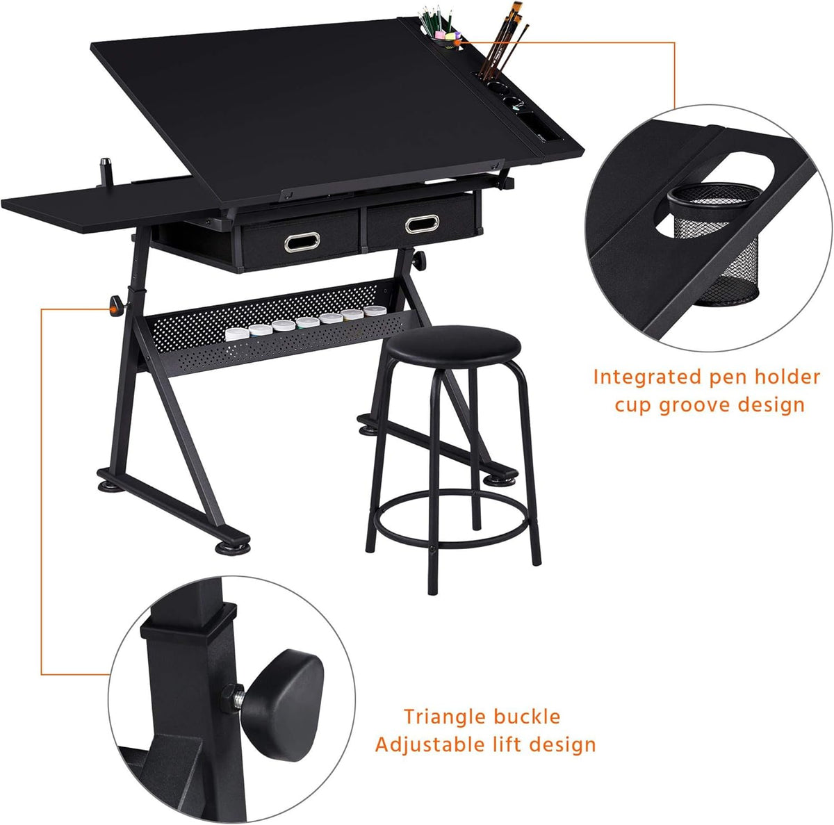 Height Adjustable Drafting Desk with Tiltable Tabletop and 2 Storage Drawers W2731