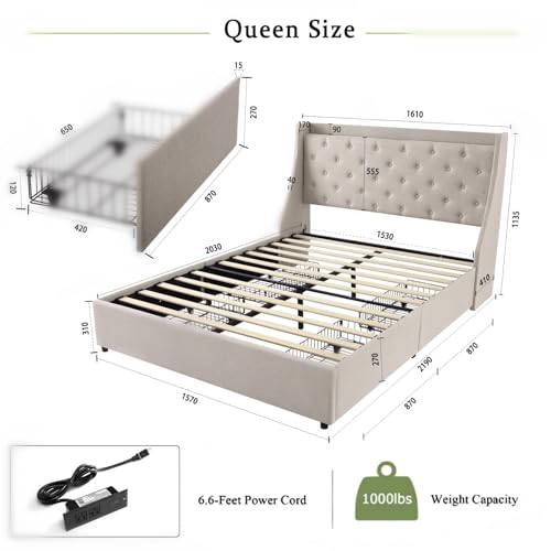 Full Size Upholstered Platform Bed with Button Tufted Storage Headboard and 4 Storage Drawers X233054