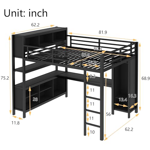 Queen Size Black Metal Loft Bed with Desk and Wardrobe H114353