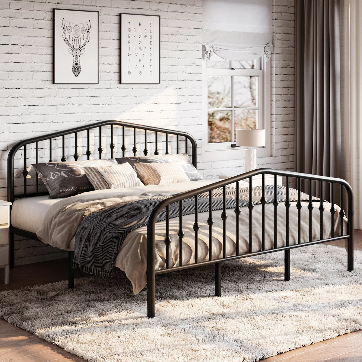 Black Queen Size Metal Platform Bed Frame with Headboard and Underbed Storage Z907