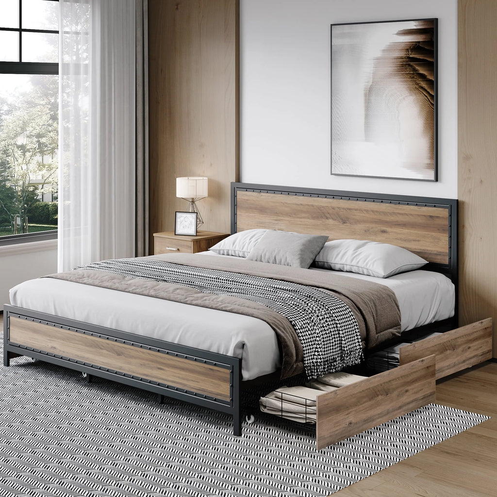 King 4 Drawer Gray Metal Platform Bed with Headboard J638371