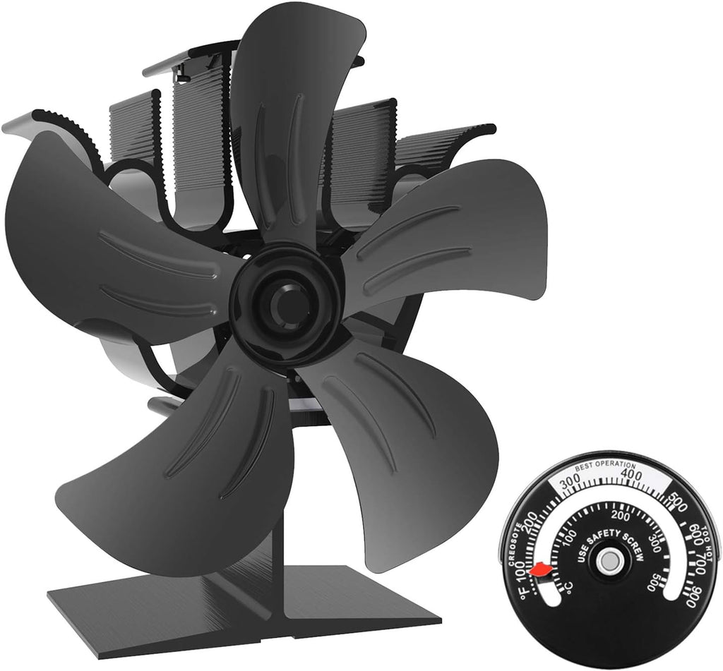 5-Blade Heat Powered Stove Fan with Stove Thermometer (Aluminium Gold, Large Size) Pack of 2 M8036
