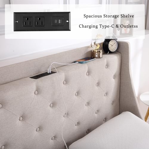 Full Size Upholstered Platform Bed with Button Tufted Storage Headboard and 4 Storage Drawers X233054