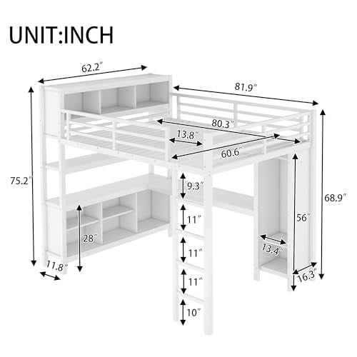 Queen Size Black Metal Loft Bed with Desk and Wardrobe H114353