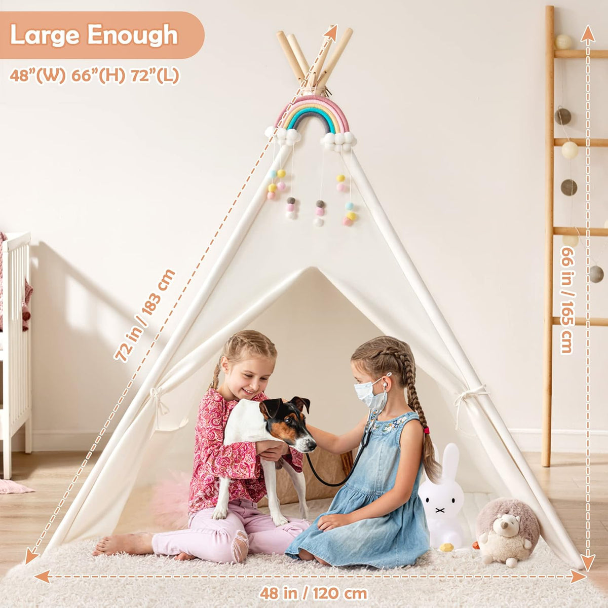 White Canvas Kids Teepee Tent with Padded Mat & Carry Case H852