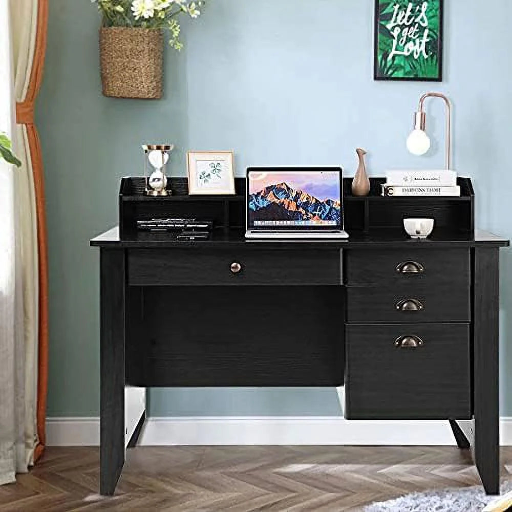 Brown Wooden Computer Desk with 4 Drawers and Bookshelf Q833