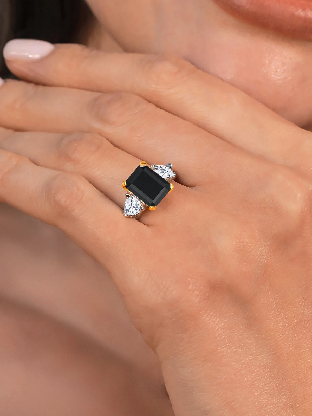 925 Sterling Silver and 10K Yellow Gold Black Onyx and White Moissanite 3 Stone Engagement Ring S848639