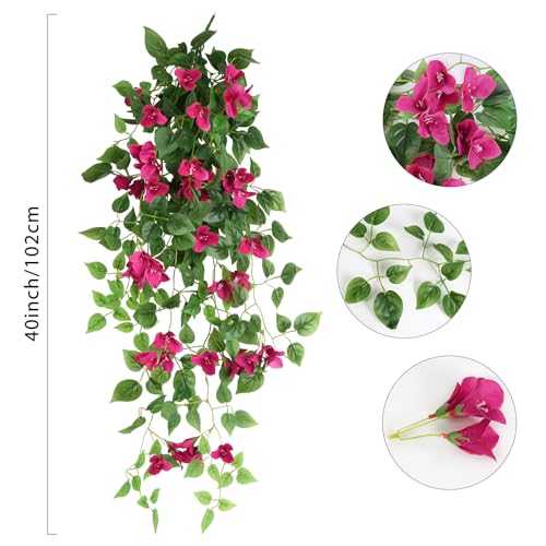 2pcs Artificial Bougainvillea Hanging Flowers 40" Faux Silk Bougainvillea Flower Vines (Rose Red) H7826