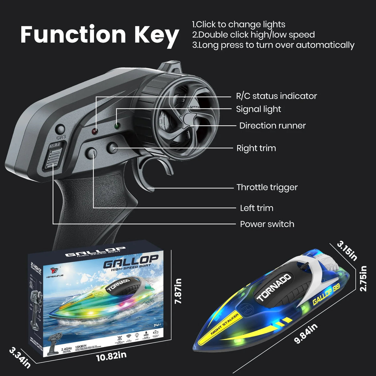 Remote Control Boat with LED Lights, 2 Rechargeable Battery K764211