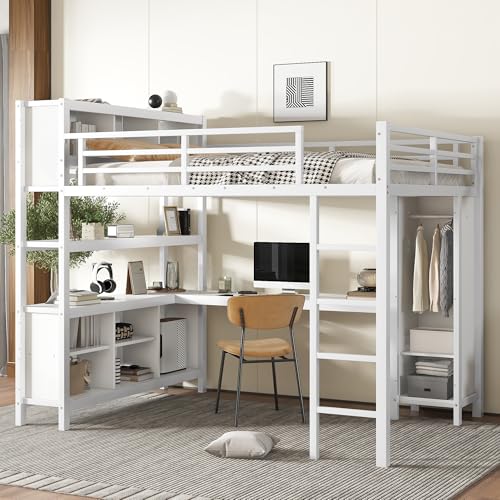 Queen Size Black Metal Loft Bed with Desk and Wardrobe H114353