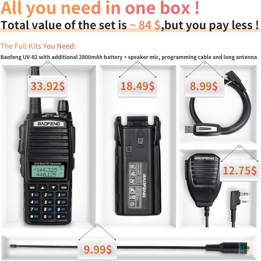 UV-82 High Power Portable 2 Way Radio with Extra 2800mAh Battery Full Kits (1 Pack-Black) P247006