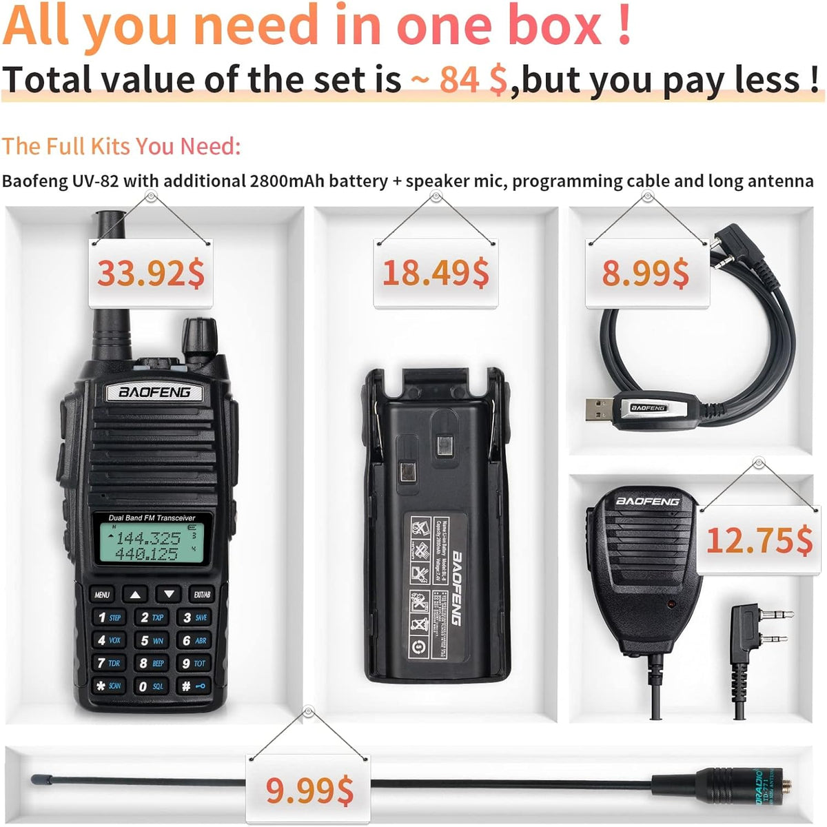 UV-82 High Power Portable 2 Way Radio with Extra 2800mAh Battery Full Kits (1 Pack-Black) P247006