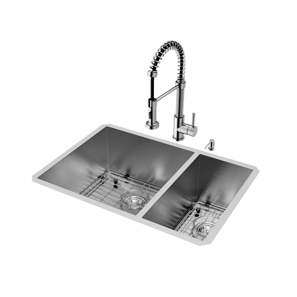 Undermount Stainless Steel Kitchen Sink with Faucet, Grid, Two Strainers and Dispenser W387