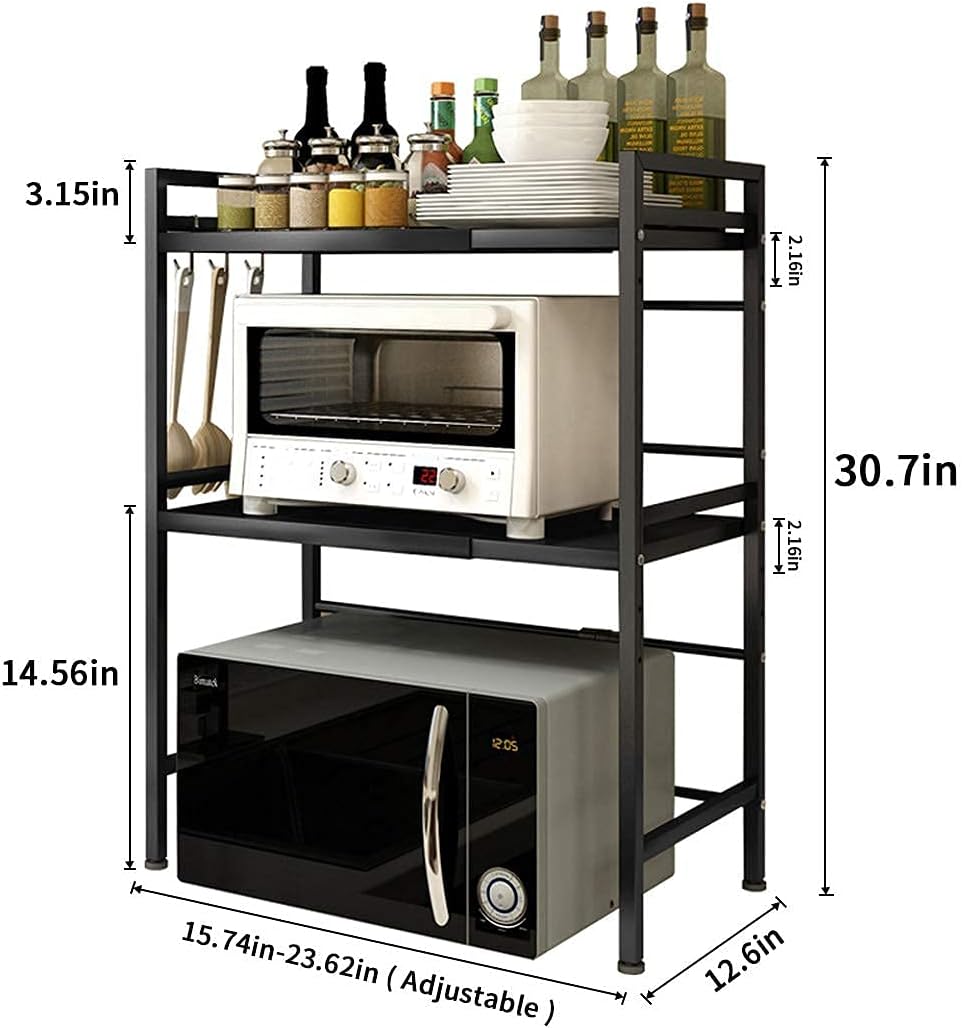 3-Tier Adjustable Heavy Duty Microwave Rack with 3 Hooks Carbon Steel Matte Black O62582