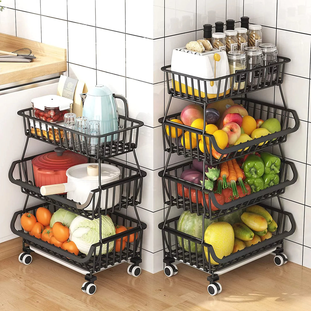 Black Metal Wire 4 Tier Fruit Vegetable Storage Basket with Wheels E212