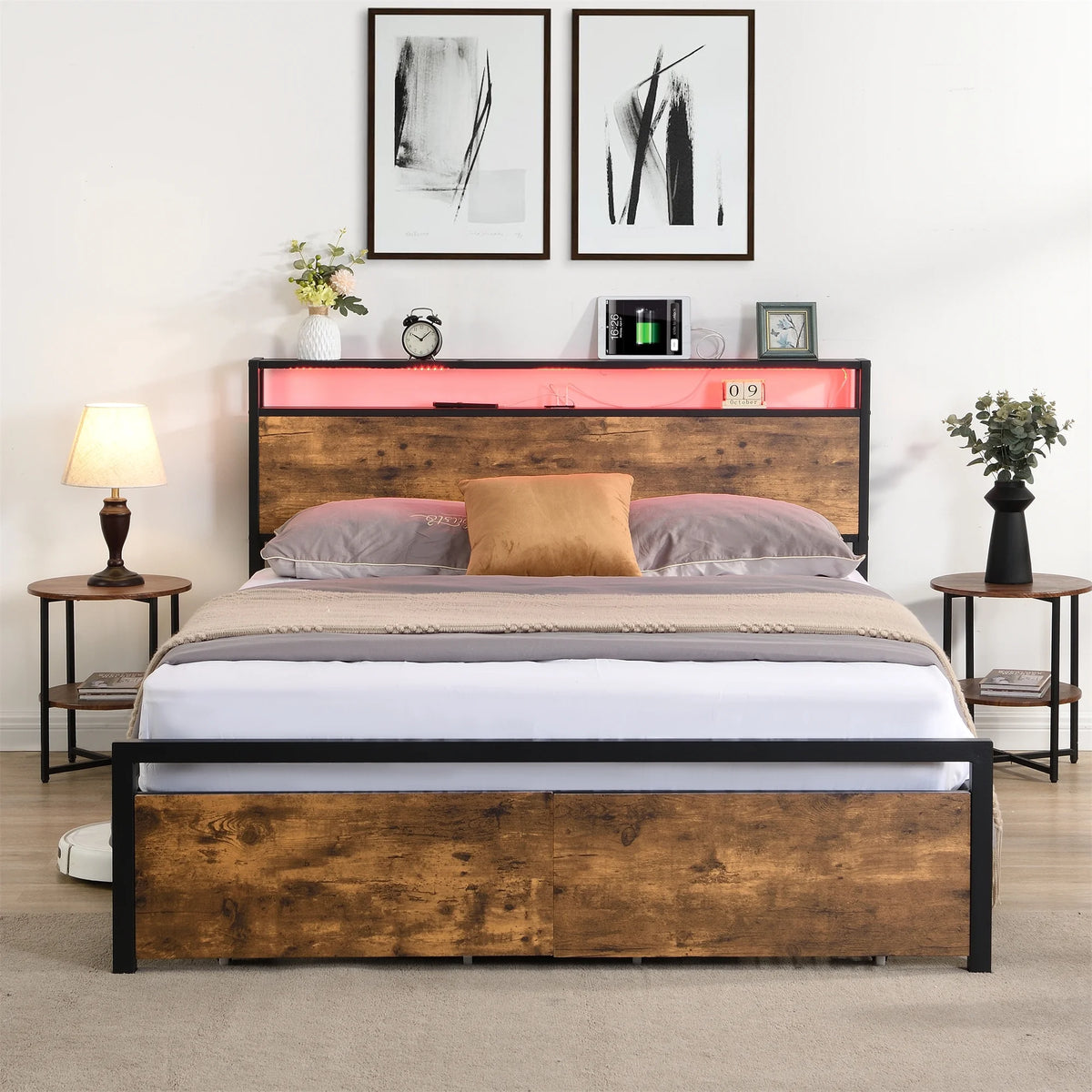 Full Size Platform Bed Frame with LED Lights & 2 Drawers O85104