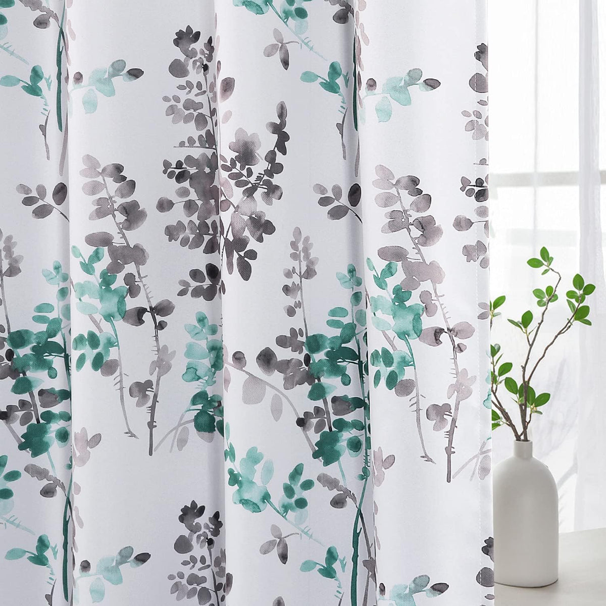 Blackout Grommet Curtains 84 Inch Long, Grey and Turquoise Floral Printing, 2 Panels K6078