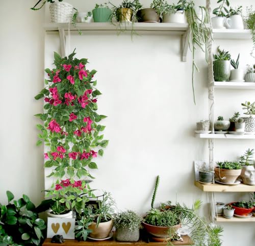 2pcs Artificial Bougainvillea Hanging Flowers 40" Faux Silk Bougainvillea Flower Vines (Rose Red) H7826