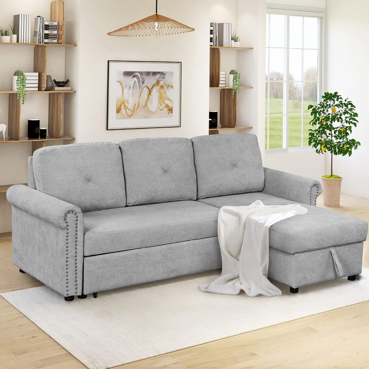 Gray Modular Convertible Sleeper Sofa Bed with Storage Chaise K611122