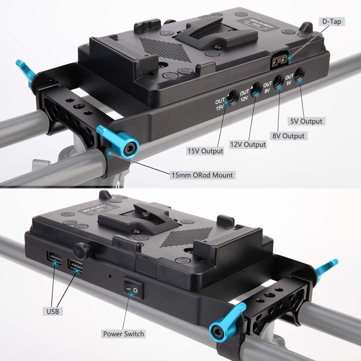 V-Mount Lock Battery Plate Power Supply Splitter Adapter with 15mm Rod Clamp E705426