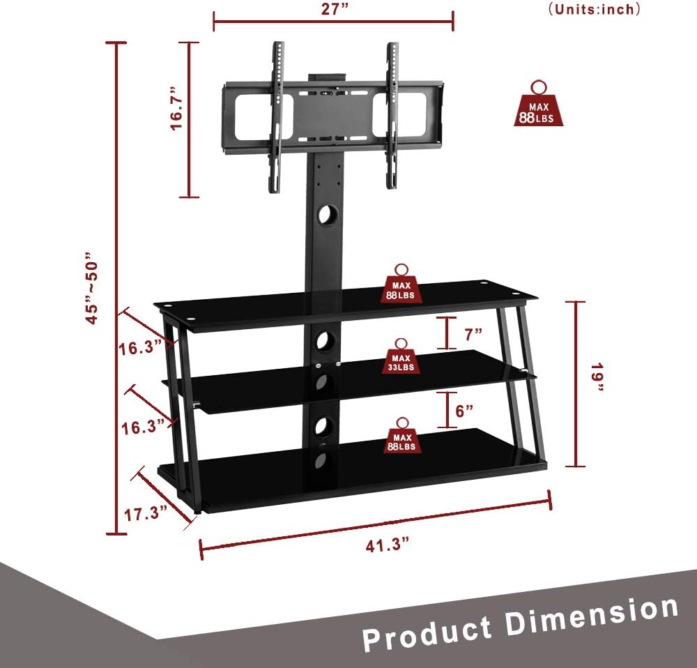 Angle and Height Adjustable Tempered Glass TV Stand, Black D285