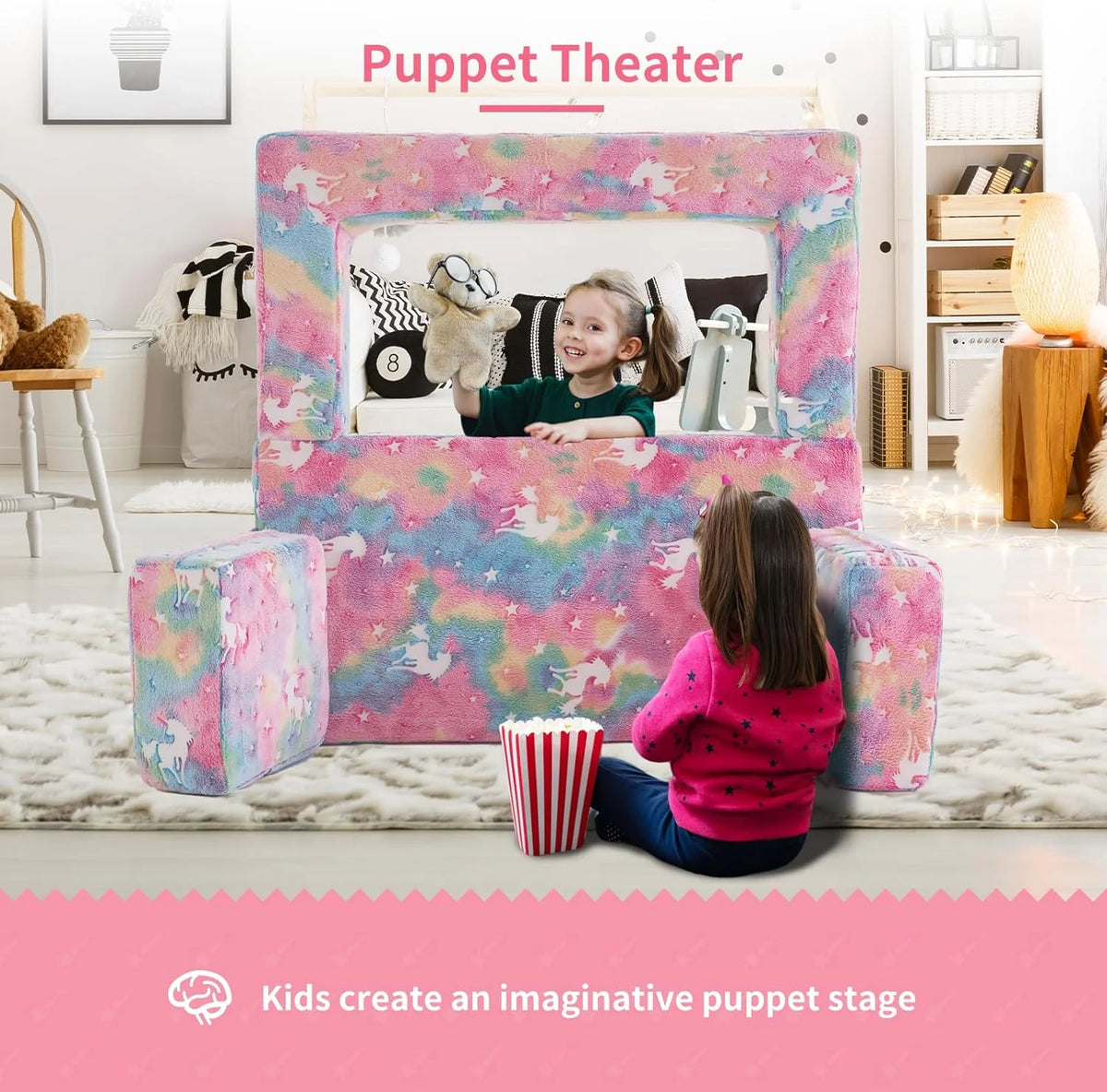 Kids Couch with Two Ottoman, Modular Foldable Loveseat W8526