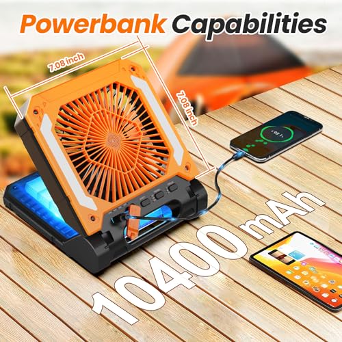 20000mAh Portable Rechargeable Fan with Solar Panel, 3 Speeds, LED Lantern, Timer, USB-C, Green D364