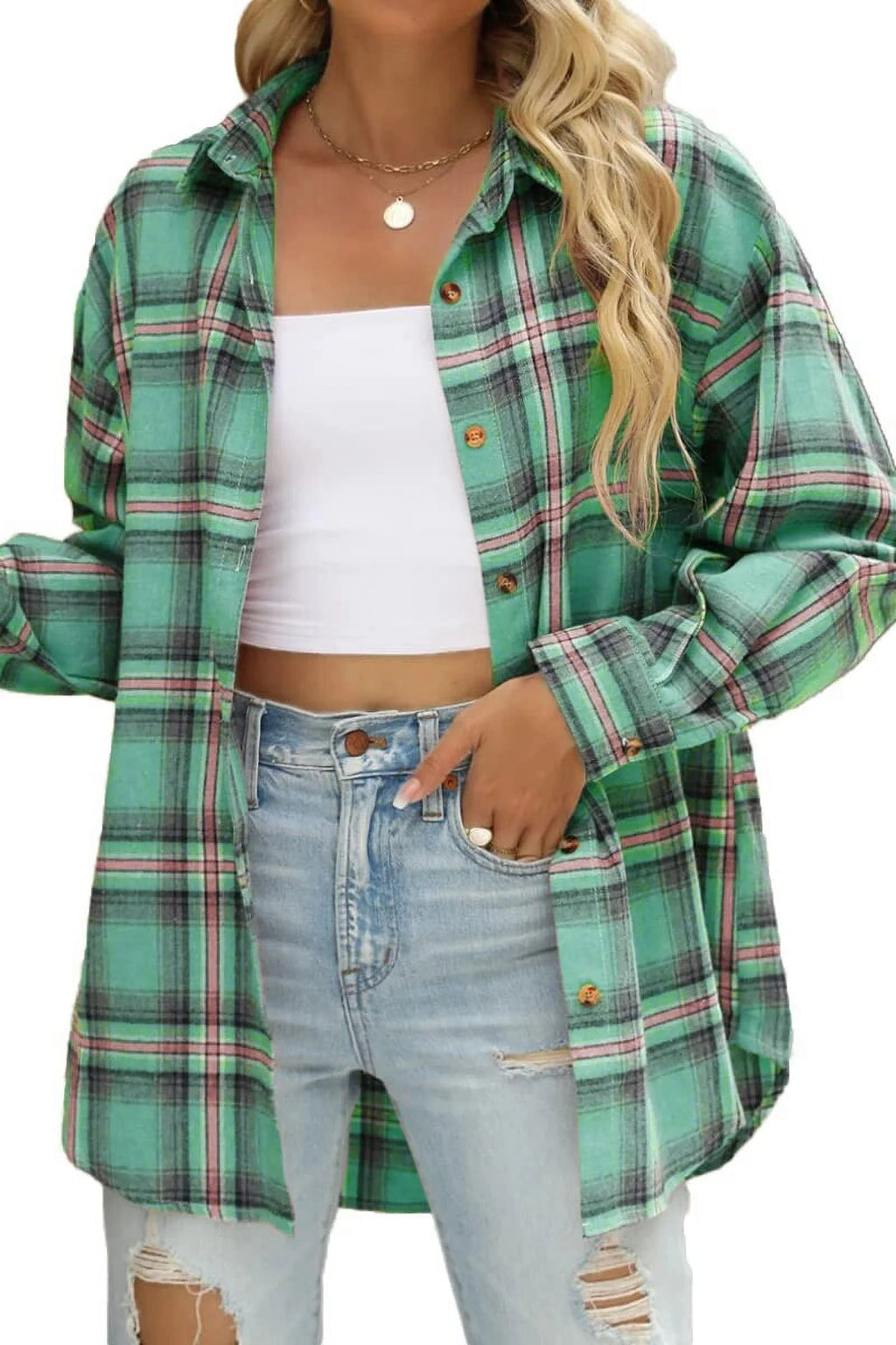 Plaid Flannel Oversized Long Sleeve Button Down Shirt S580651