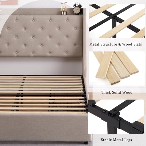 Full Size Upholstered Platform Bed with Button Tufted Storage Headboard and 4 Storage Drawers X233054