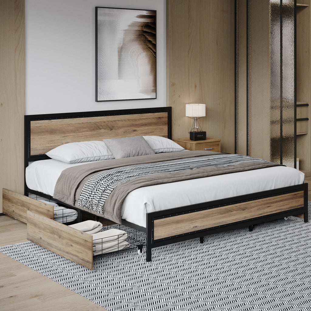 King 4 Drawer Gray Metal Platform Bed with Headboard J638371