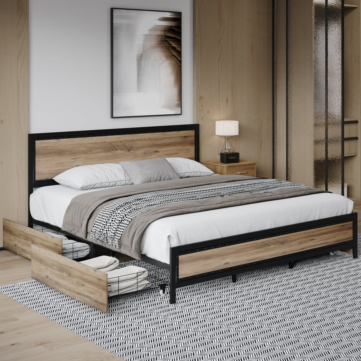 King 4 Drawer Gray Metal Platform Bed with Headboard J638371