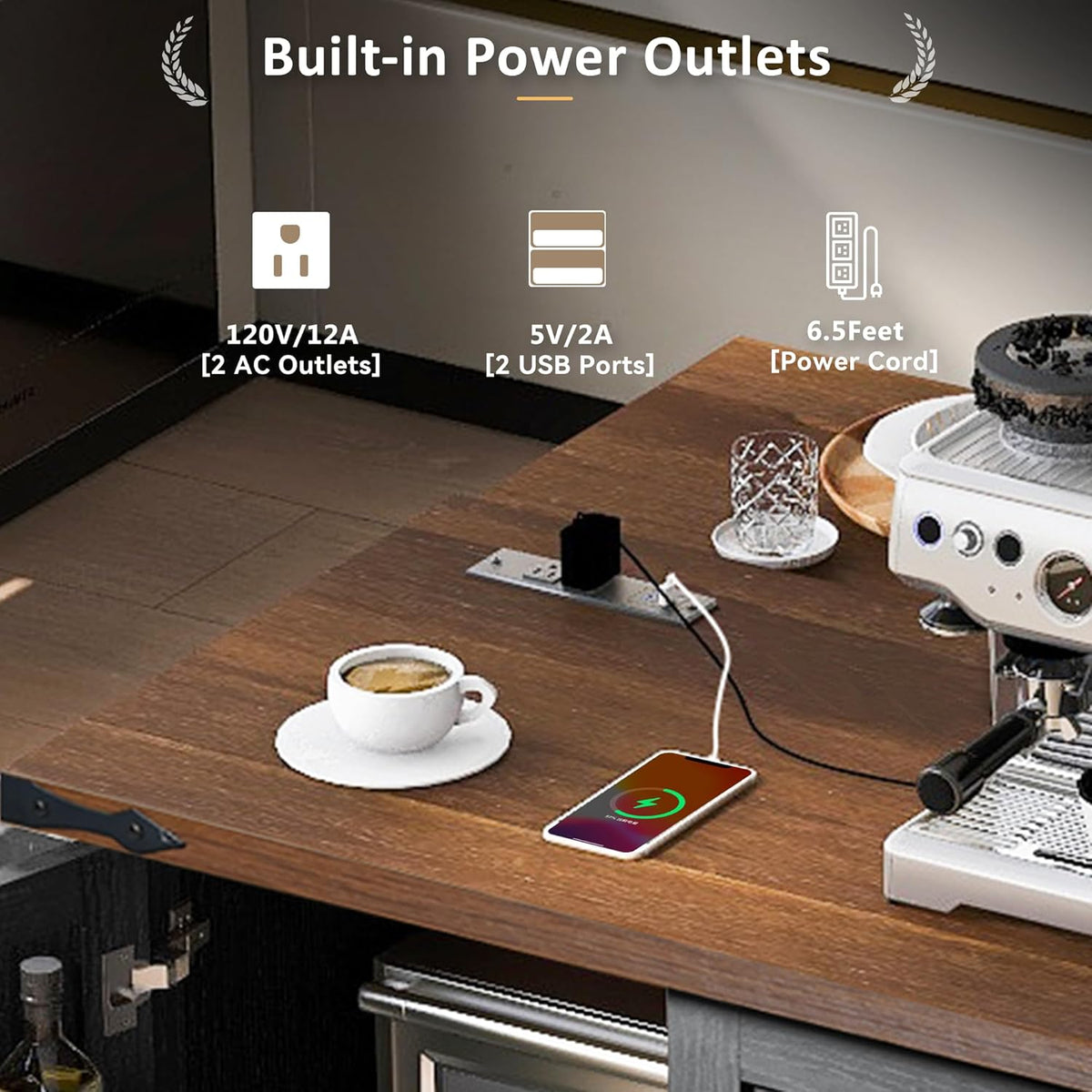 Black Kitchen Island with Power Outlet and Drop Leaf E50398