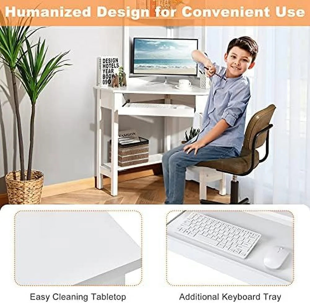White Corner Desk with Hutch and Keyboard Tray I64277
