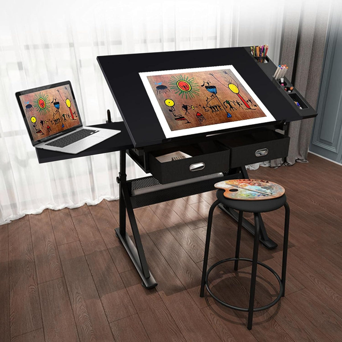 Height Adjustable Drafting Desk with Tiltable Tabletop and 2 Storage Drawers W2731