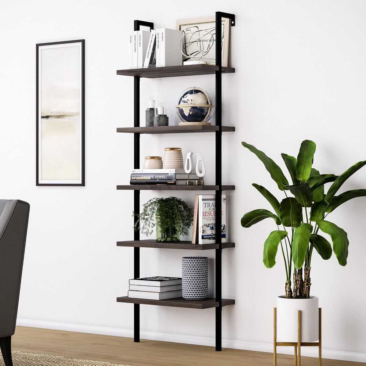 6-Shelf Tall Bookcase with Reclaimed Wood and Industrial Metal Frame, Oak/Black J6688