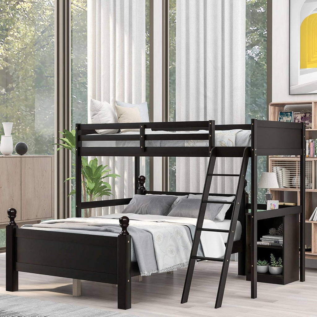 Wood Twin Over Full Loft Bed with Cabinet and Ladder U7246