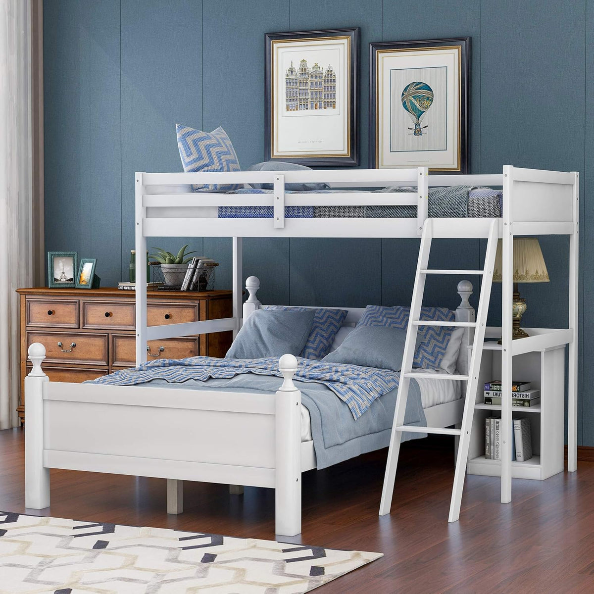 Wood Twin Over Full Loft Bed with Cabinet and Ladder U7246