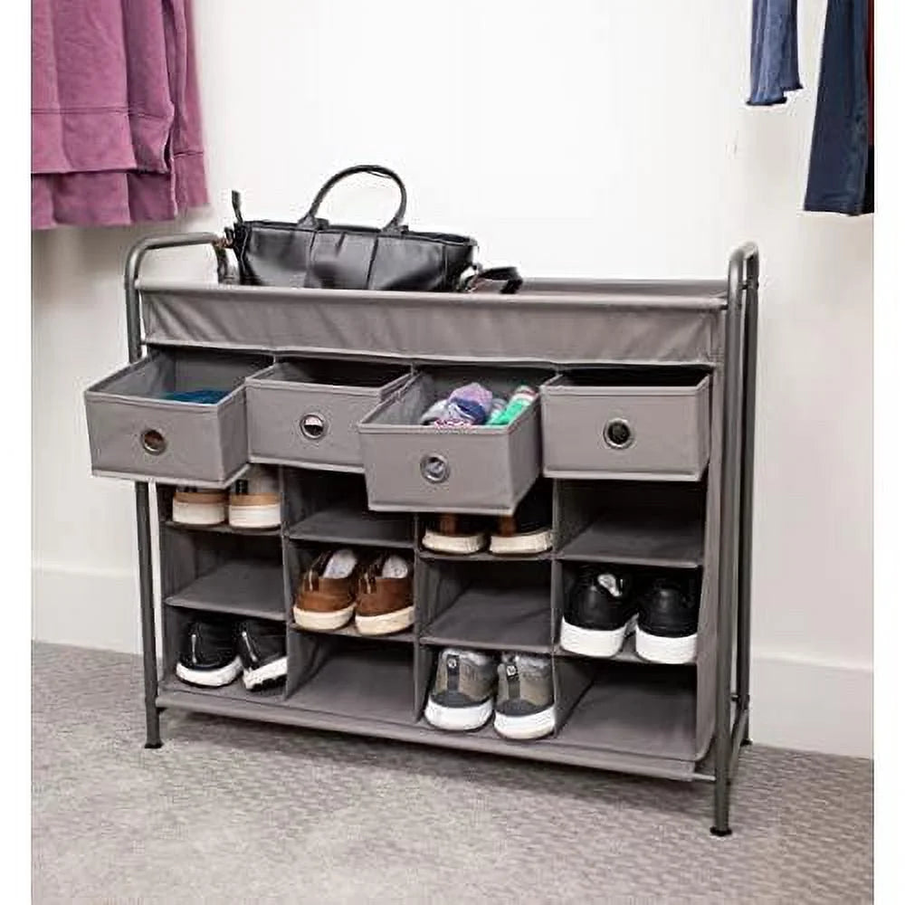 Grey 16 Cubby Shoe Rack Organizer with 4 Drawers B594