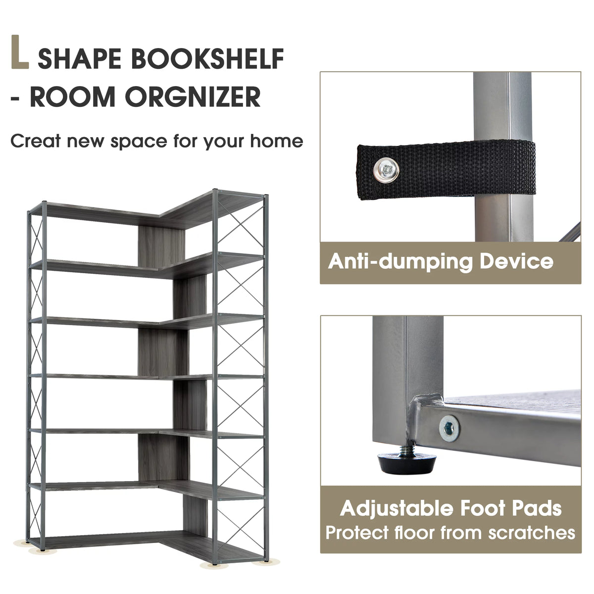 L-Shaped Corner Bookshelf with Metal Frame L967013