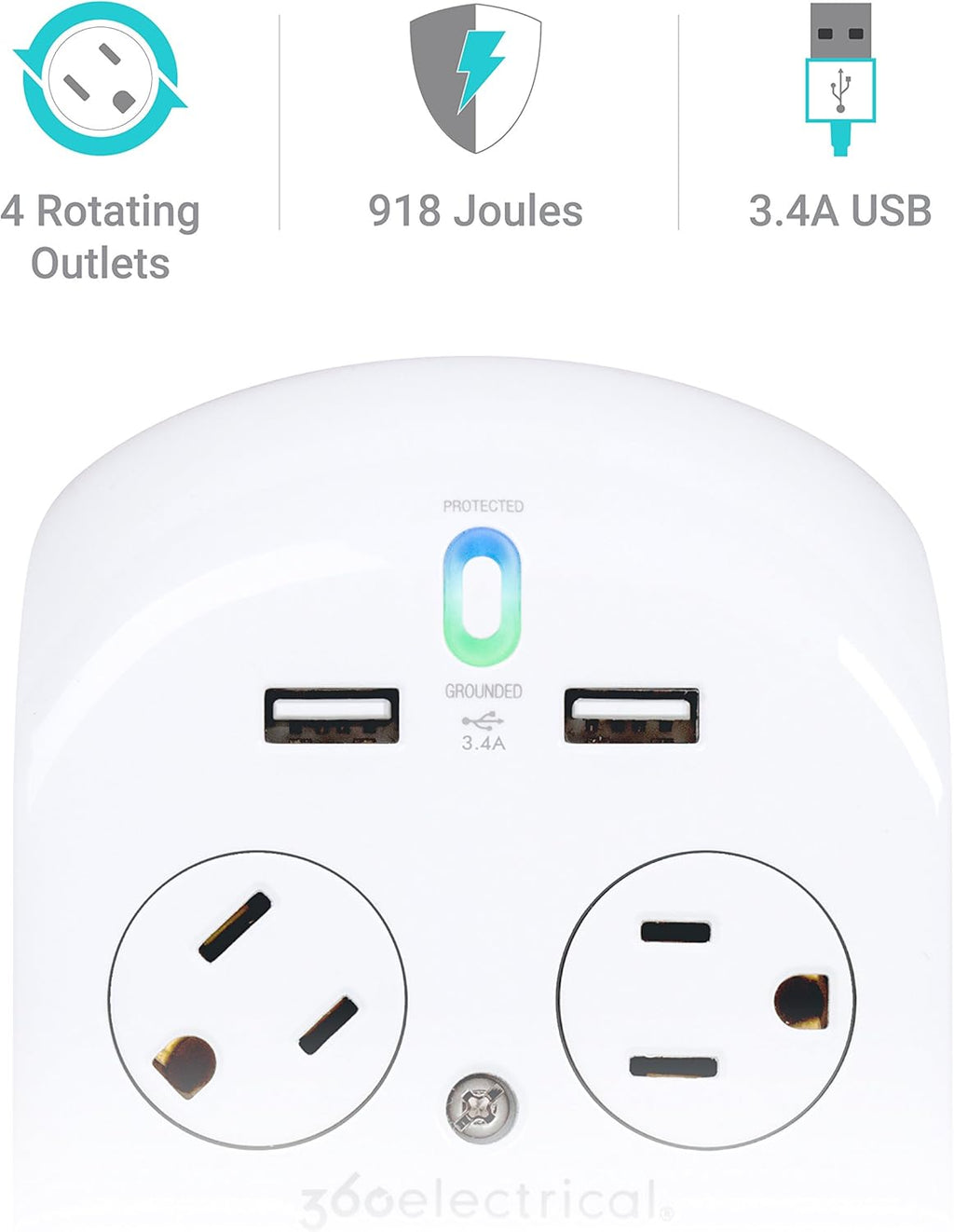 6 Pack Surge Protector with 4 Rotating Outlets and USB Charging O2905