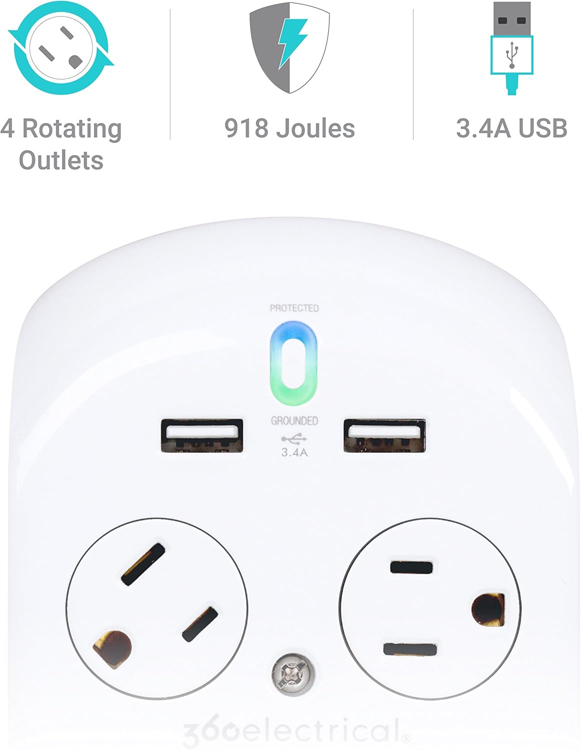 6 Pack Surge Protector with 4 Rotating Outlets and USB Charging O2905