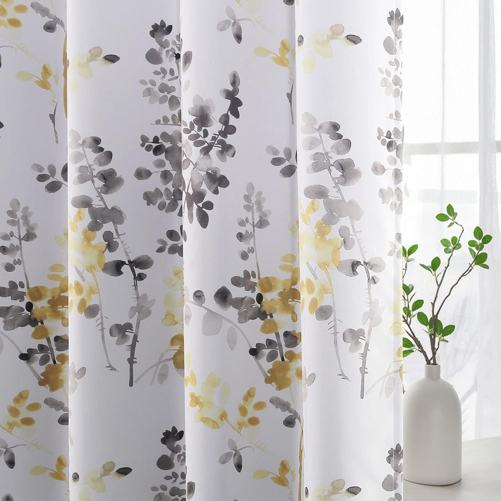 Blackout Grommet Curtains 84 Inch Long, Grey and Turquoise Floral Printing, 2 Panels K6078