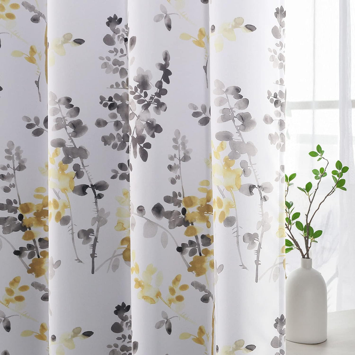 Blackout Grommet Curtains 84 Inch Long, Grey and Turquoise Floral Printing, 2 Panels K6078