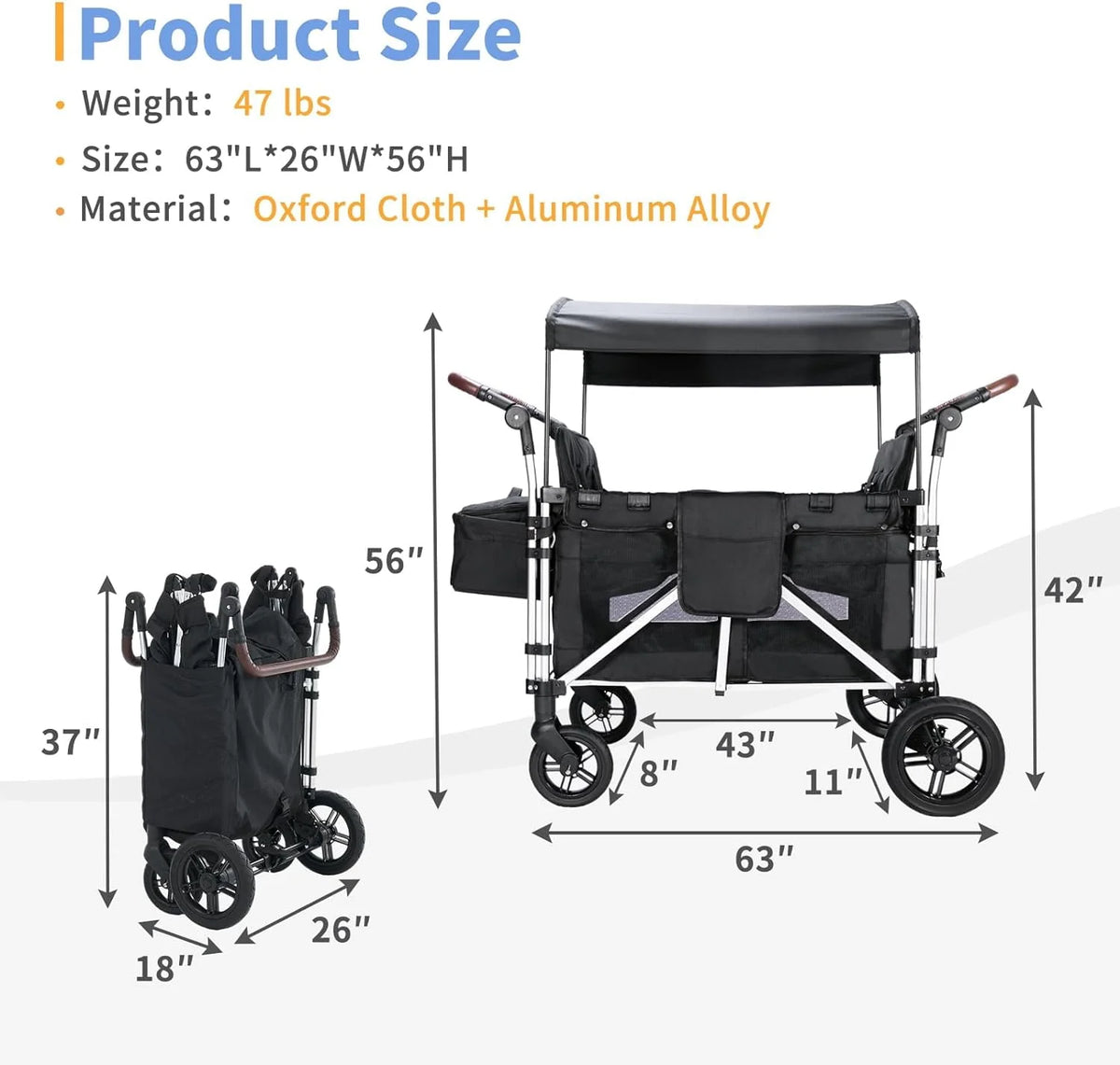 4 Kids Foldable Stroller Wagon with Canopy V16802