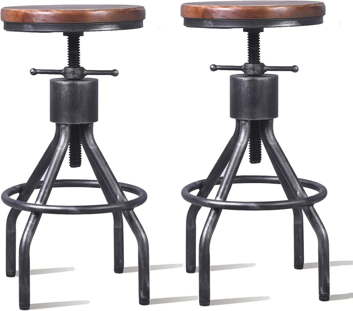 Set of 2 Adjustable Round Wood Metal Swivel Bar Stool S741