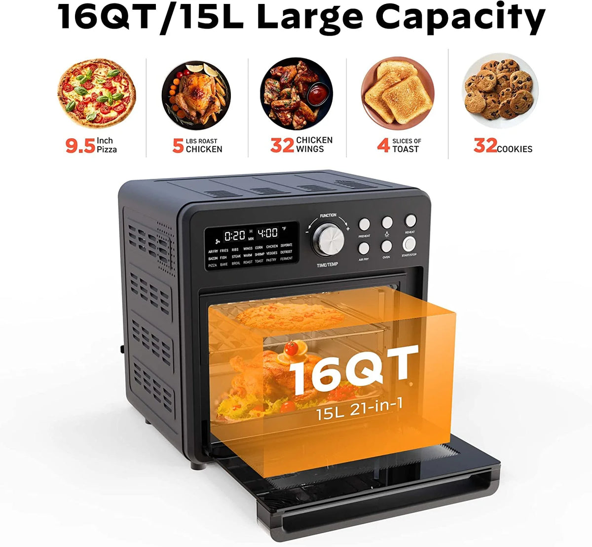 16 Quart 21-in-1 Air Fryer Toaster Oven Combo, 1600W, Black F62643