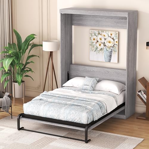 Gray Full Size Wood Murphy Bed with Shelves I8059
